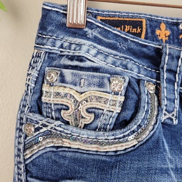 Rock Revival Vitual Pink Mid Rise Straight Patch Distressed Medium Wash Jeans 27 - Picture 5 of 16